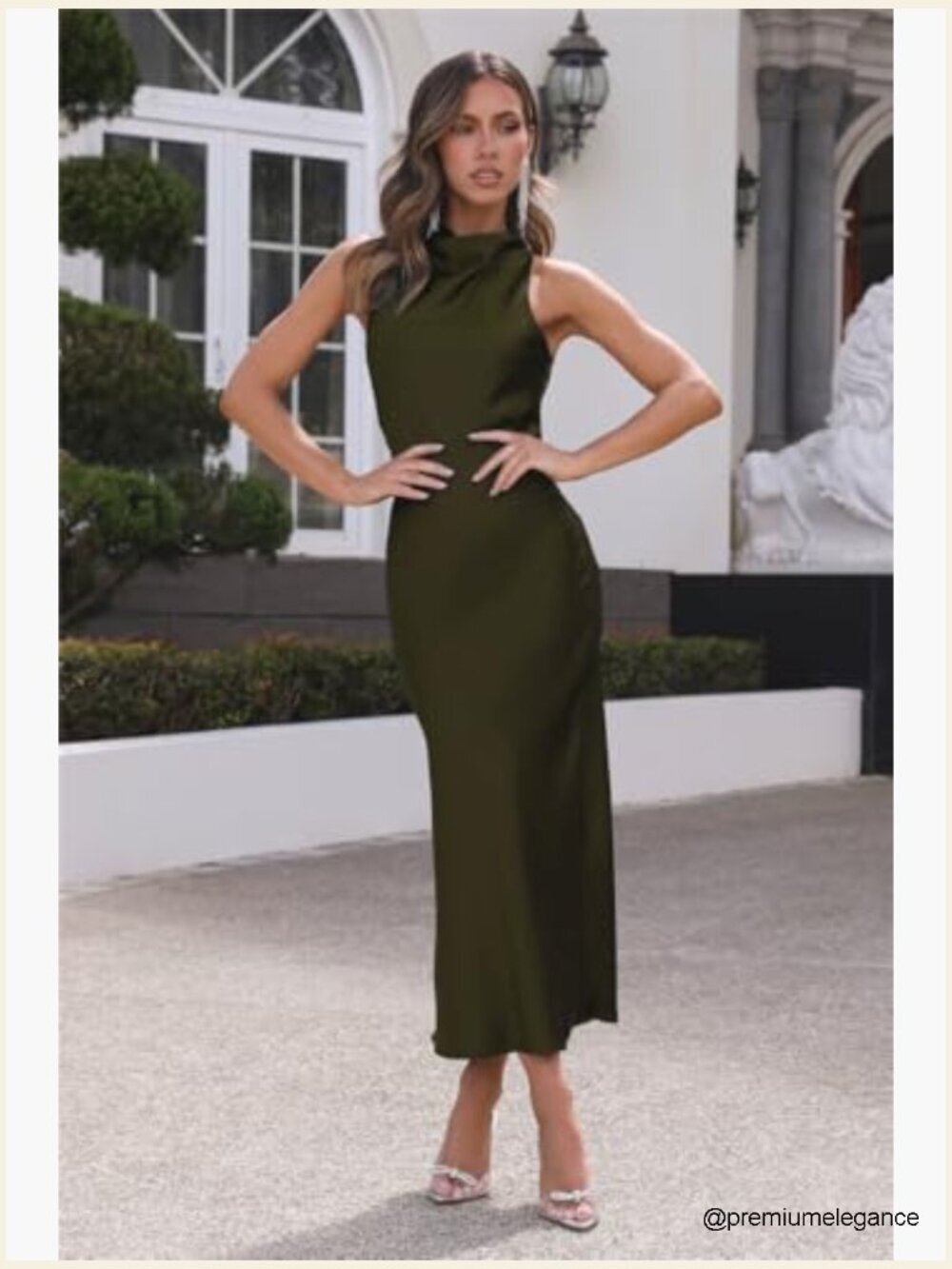 Elegant Satin Mock Neck Backless Midi Dress - Picture 4 of 7